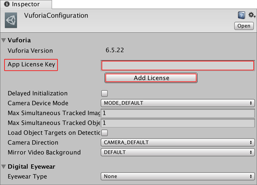 Vuforia Configuration 設定に Vuforia 開発キーを入力