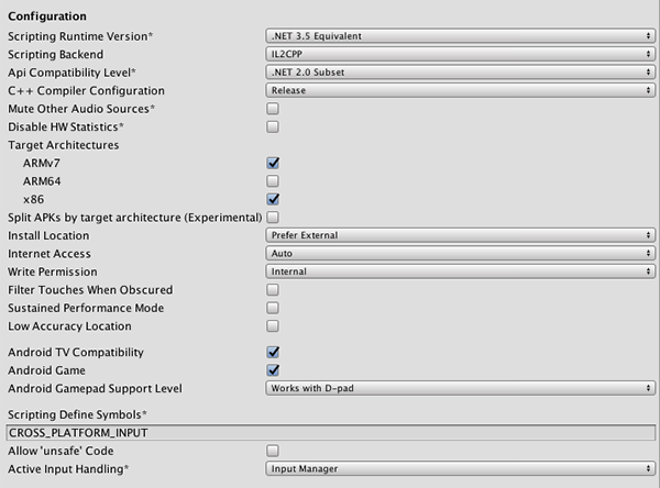 Android PlayerSettings ウィンドウの Configuration セクション