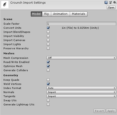 3Dモデルを含む.fbxファイルのインポート設定を表示する Inspector ウィンドウ