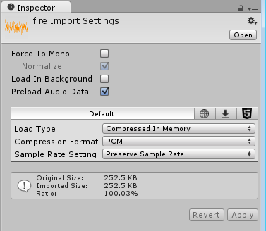 オーディオファイルの Import Settings を表示する Inspector ウィンドウ