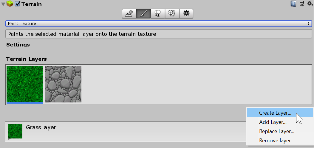 Terrain インスペクターでレイヤーを作成