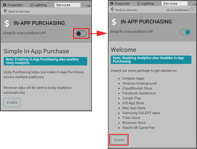 エディターの Services Window から Unity IAP を有効にします