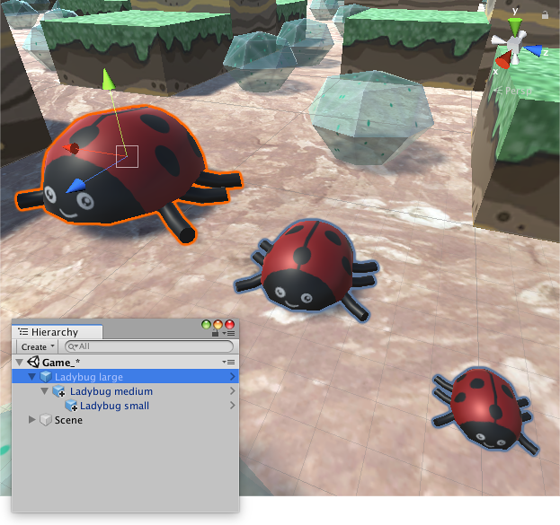 ゲームオブジェクト (大サイズの虫) を選択すると、輪郭がオレンジ色になり、子のゲームオブジェクト (小サイズの虫) の輪郭は青くなります