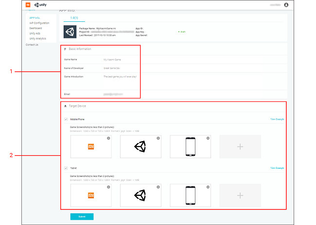 Xiaomi Unity Developer Portal に表示されるプロジェクトのストアメタデータ