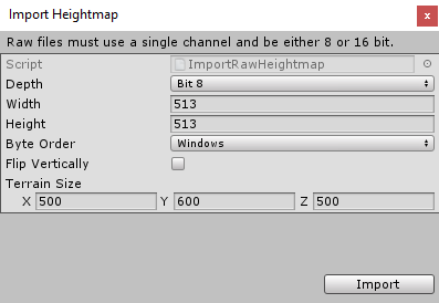 Import Heightmap ウィンドウ