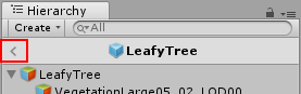 Hierarchy ウィンドウのヘッダバーの 戻る 矢印。プレハブモード時に表示されます。