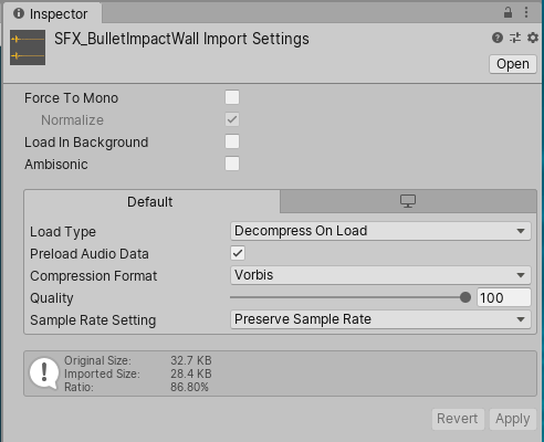 オーディオファイルの Import Settings を表示する Inspector ウィンドウ