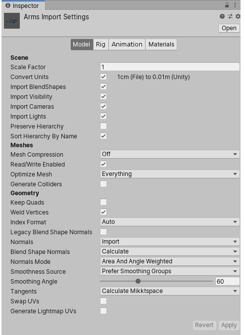 3Dモデルを含む.fbxファイルのインポート設定を表示する Inspector ウィンドウ