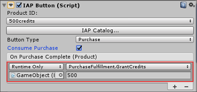 IAP Button イベントフィールドで購入処理スクリプトを指定