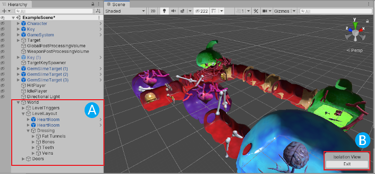 Isolation ビューはシーンの表示設定をオーバーライドするため、選択したものとその子 (A) のみが表示されます。<br/>Exit ボタン (B) をクリックすると、前のシーンの表示設定に戻ります。
