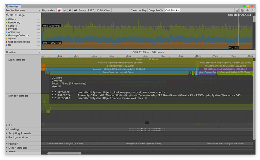 GC.Alloc コールスタックを使用した CPU Usage モジュール (Timeline ビュー)