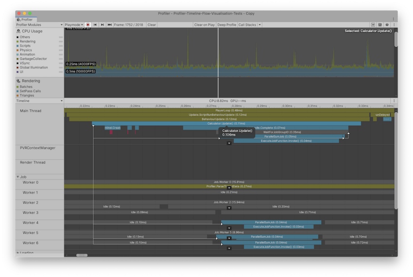 Flow Events を有効にしてサンプルを選択した Timeline CPU Profiler ビューです。