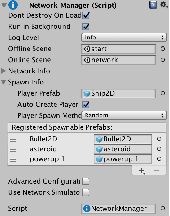 Spawn Info 部分を展開した Network Manager インスペクター。Registered Spawnable Prefabs に 3 つの割り当てられたプレハブが表示されています。