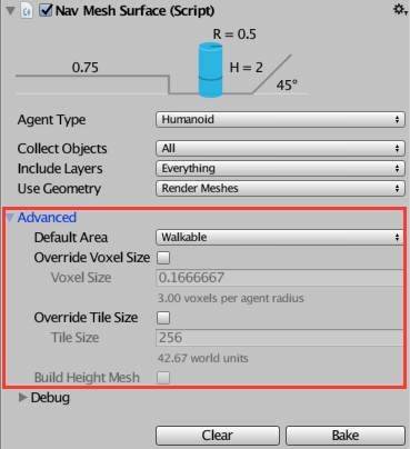 NavMesh Surface の Advanced 設定パネル