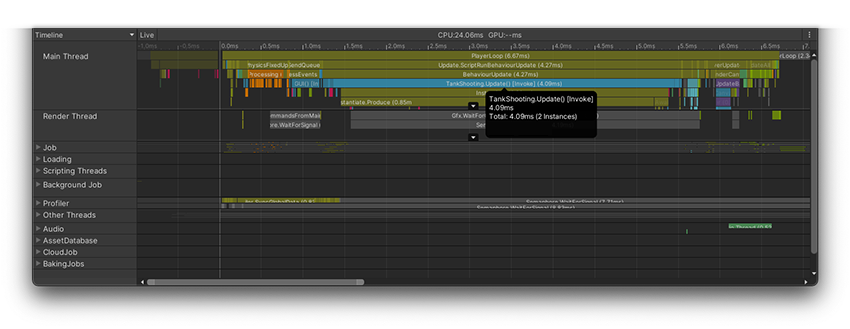 項目が選択された Timeline ビューの CPU Usage モジュール