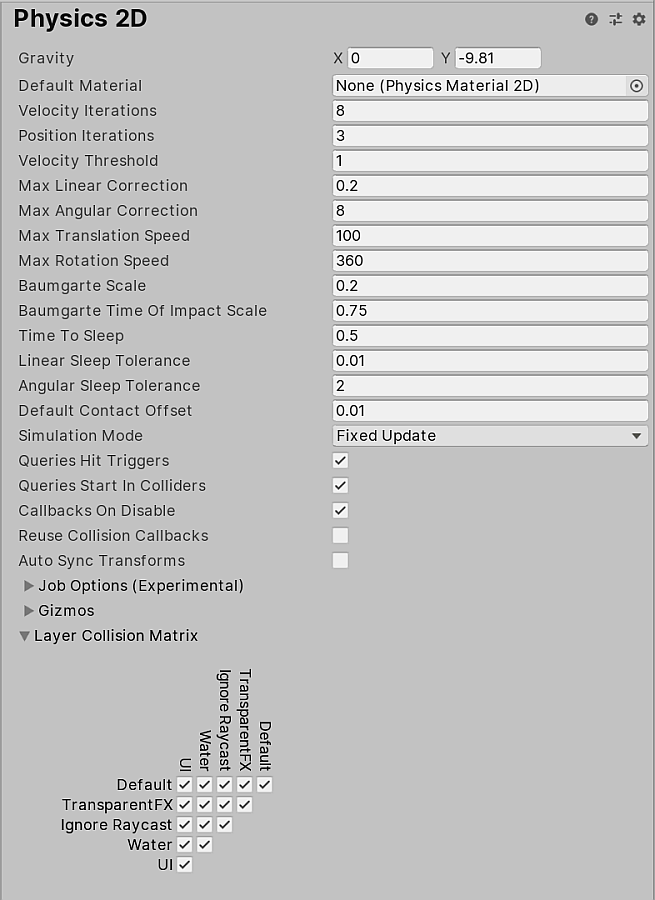 Physics 2D Inspector の設定