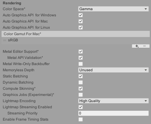 スタンドアロンプラットフォームのプレイヤーのRendering 設定