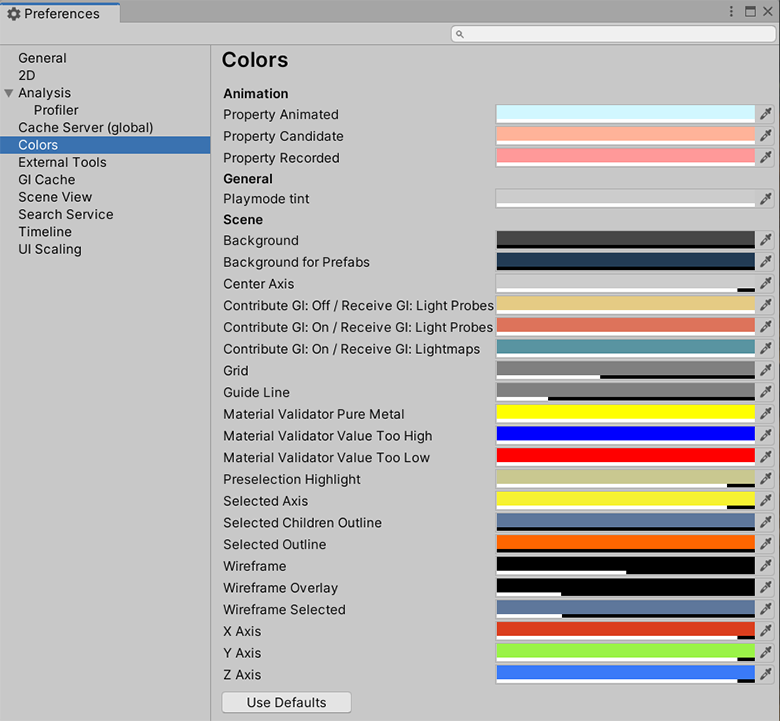 Preferences ウィンドウの Colors カテゴリ