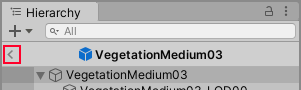 Hierarchy ウィンドウのヘッダバーの 戻る 矢印。プレハブモード時に表示されます。