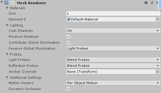 Inspector ウィンドウに表示された Mesh Renderer コンポーネント。 Receive Global Illumination は Lightmaps に設定。