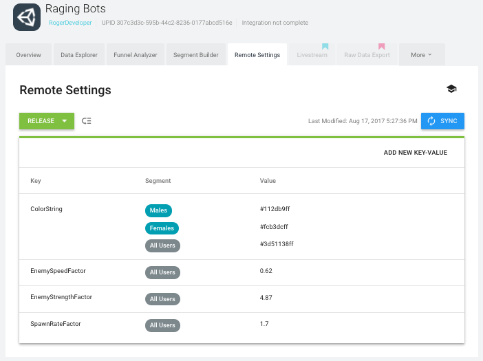 Raging Bots という名のゲームの Analytics Dashboard の Remote Settings ページ