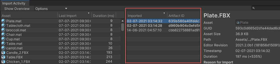  以前のインポートリスト。選択したアセットに対する 3 つのインポート結果が表示されます。