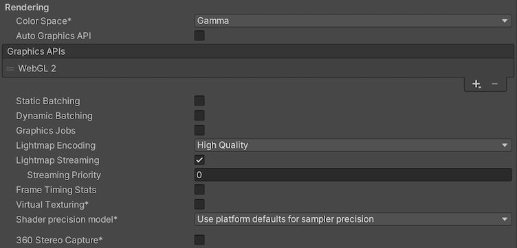 WebGL プラットフォームの Rendering Player 設定