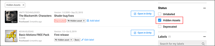 Asset Store パッケージをリストに表示するには、Hidden asset を解除します。