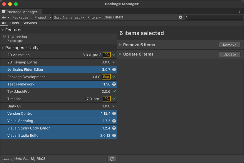 Package Manager で 6 つのパッケージが選択されています。これら全てをワンクリックで削除したり更新したりできます。