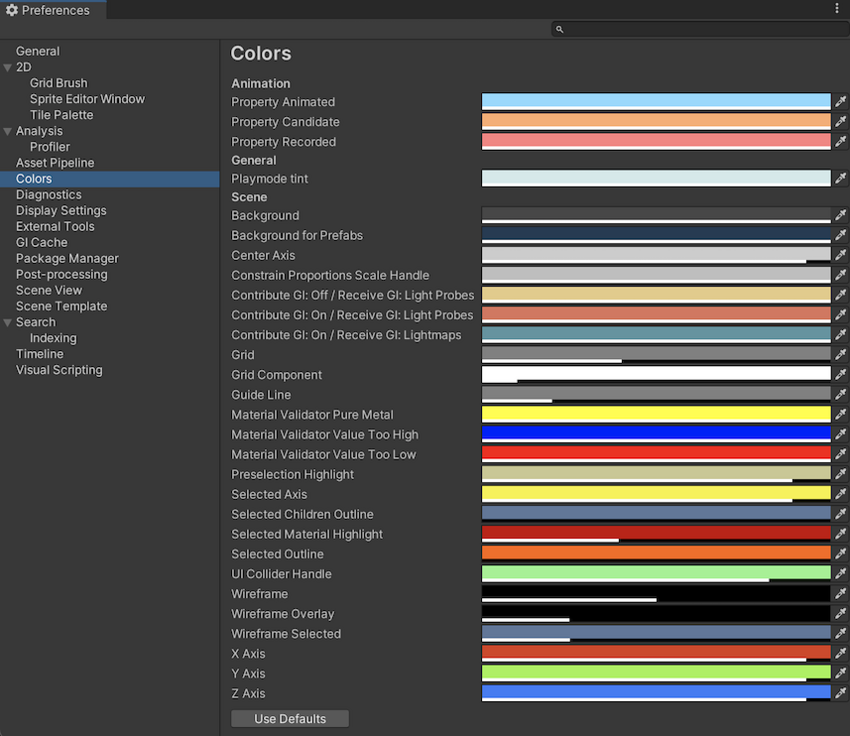 Preferences ウィンドウの Colors カテゴリ