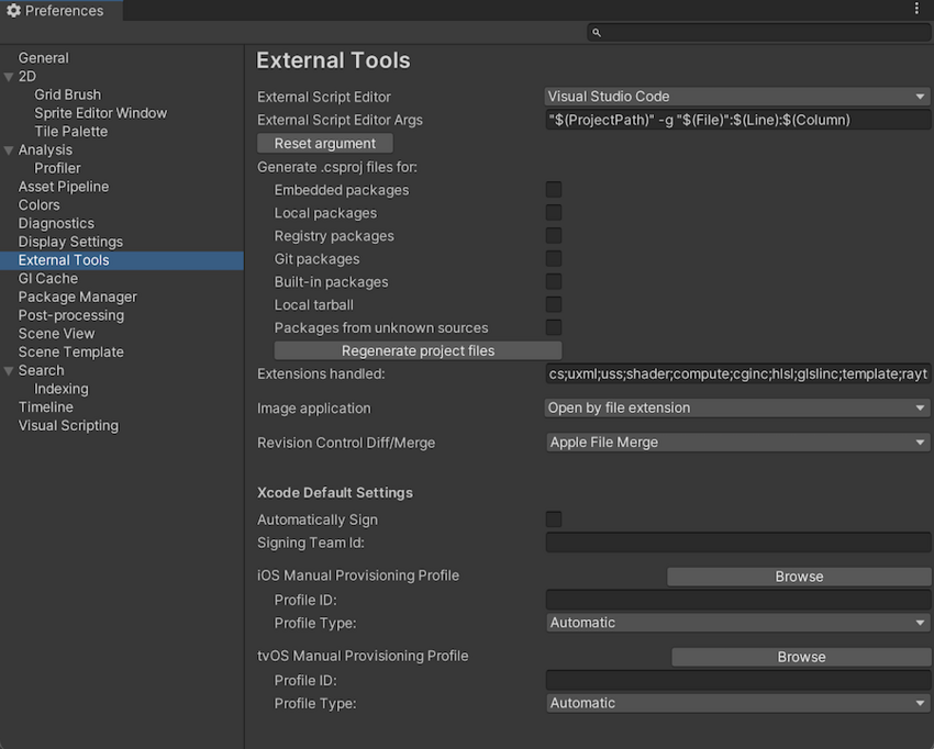 Preferences ウィンドウの External Tools カテゴリ