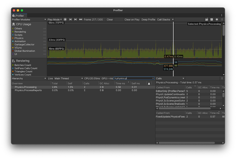 CPU Usage プロファイラー で Calls 行で値が 2 を示すもの