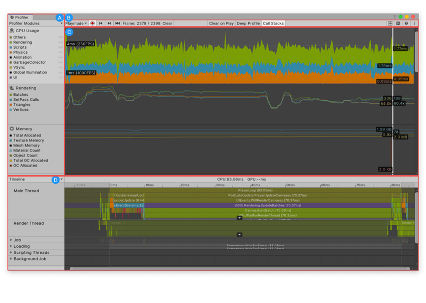 CPU Usage プロファイラーモジュールが選択された Profiler ウィンドウ