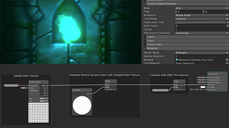 2D 用のパーティクルシステムとシェーダーグラフで作成された炎のエフェクト