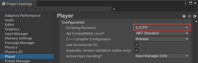 The Configuration section of the Player settings