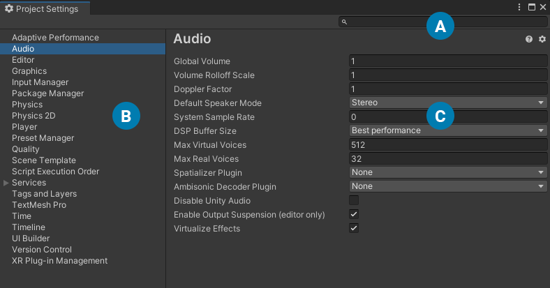 Unity Project Settings ウィンドウ