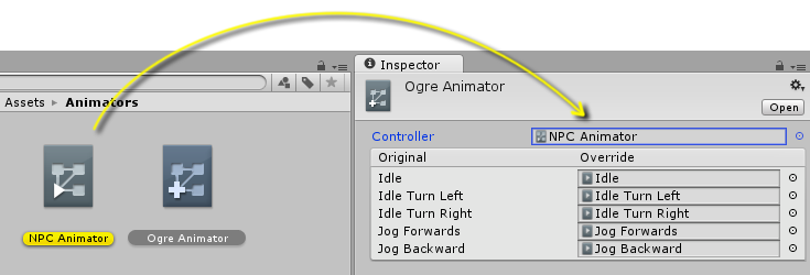 コントローラーを Animator Override Controller のインスペクターへとドラッグ