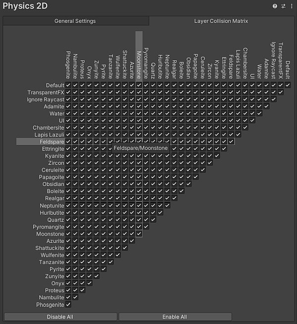 Layer Collision Matrix タブ。