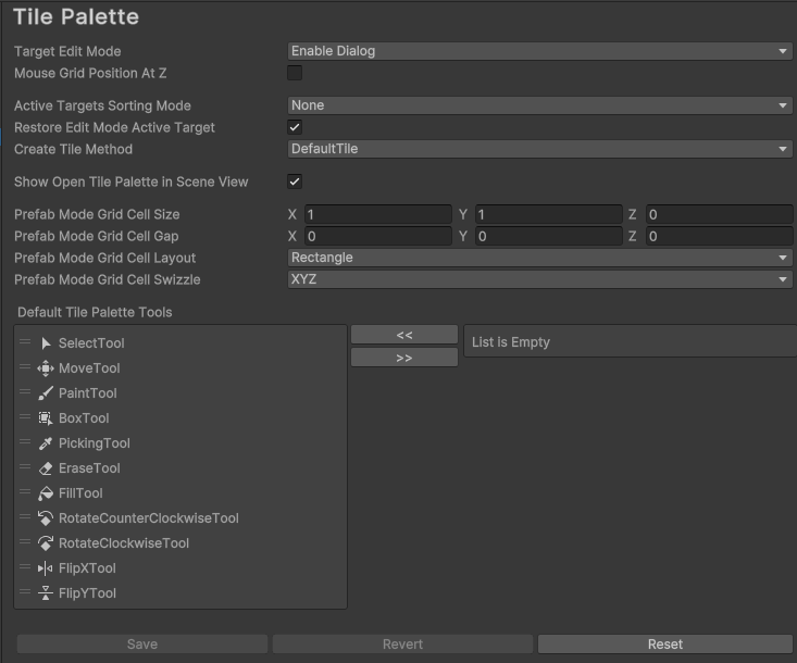 Tile Palette 環境設定」ウィンドウ