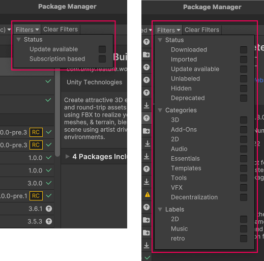 Unity Registry と In Project (左) と My Assets (右) のフィルターコントロール