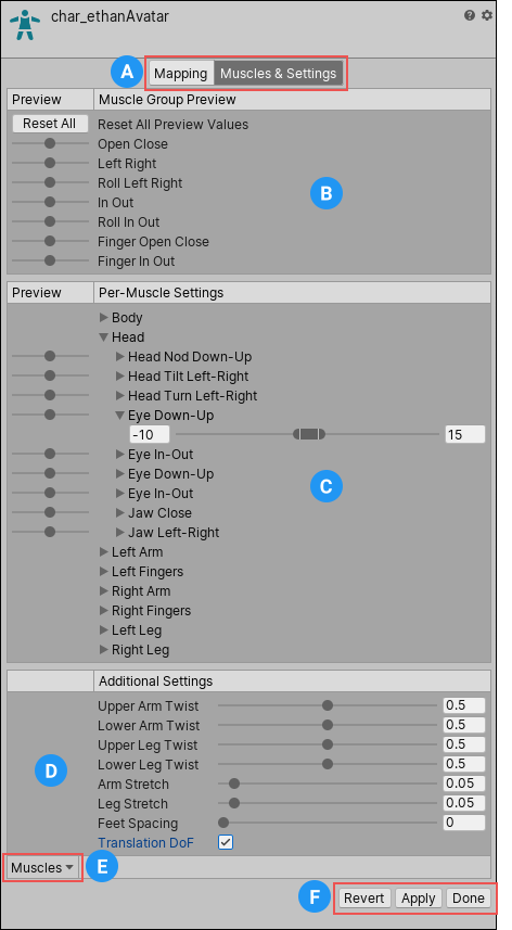 Avatar ウィンドウの Muscles &amp; Settings タブ