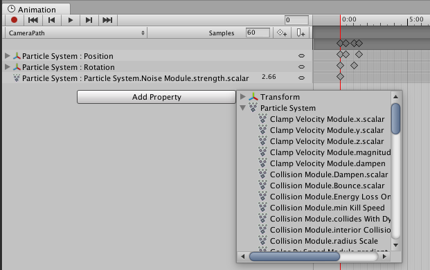 Animation ウィンドウでアニメーションにプロパティを加える