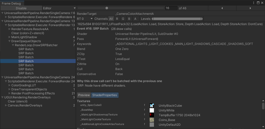 Frame Debuger ウィンドウでは、なぜ SRP バッチャーは既存のバッチを使わずに新しい SRP バッチを作成したかなど、個々の SRP バッチの詳細を確認できます。