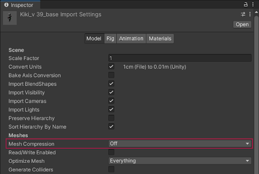 Model Import 設定ウィンドウの Mesh Compression 設定