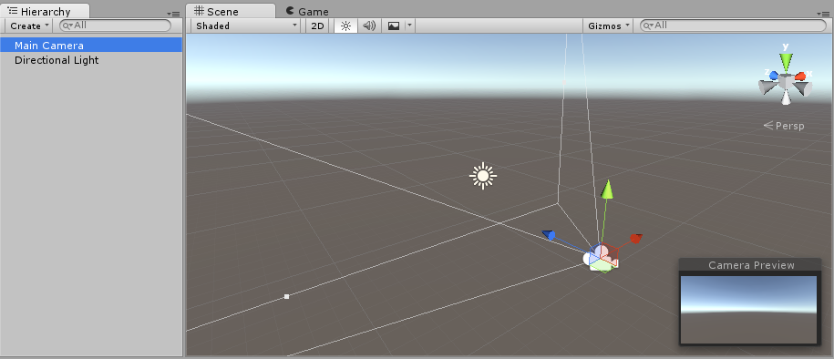 デフォルトの 3D オブジェクトの Main Camera、Directional Light が配置された新規シーン