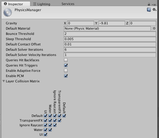 PhysicsManager、インスペクターウィンドウに表示