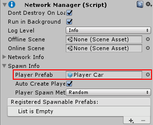 「Player Car」プレハブが Player Prefab フィールドに割り当てられた Network Manager