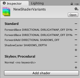 シェーダーバリアントコレクションの Inspector