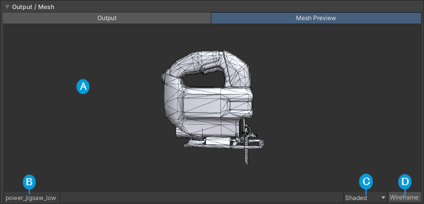 Mesh Preview タブに、URP サンプルシーンのパワージグソーのメッシュが表示されています。