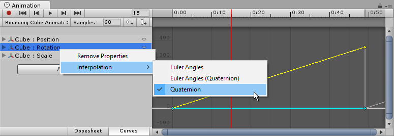 트랜스폼 회전은 Euler Angles 보간 또는 Quaternion 보간을 사용할 수 있습니다.